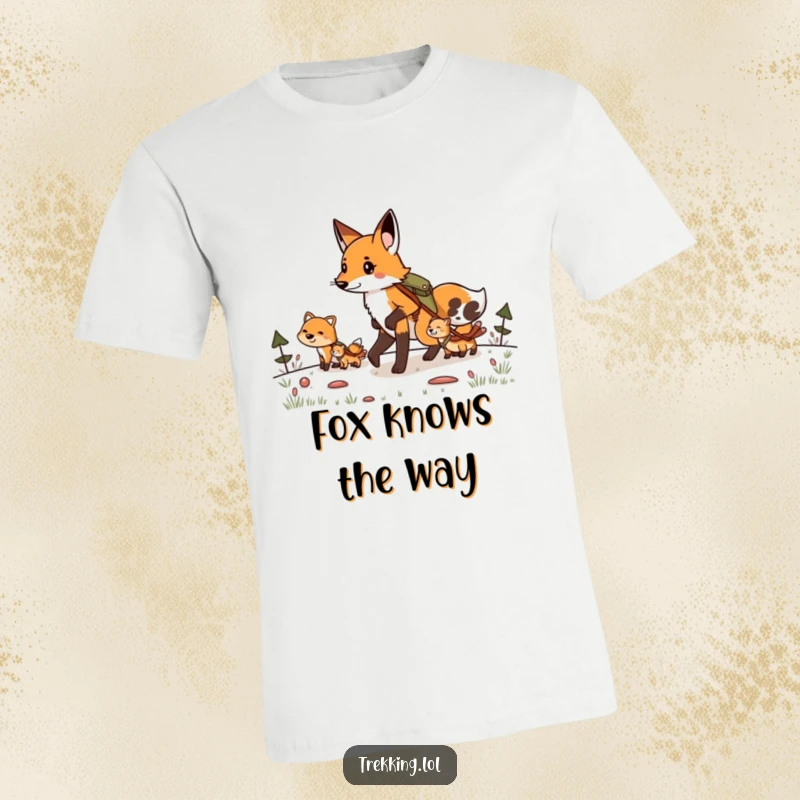 Funny t-shirt showing a determined fox leading a group of smaller animals on a fun and humorous hiking expedition.