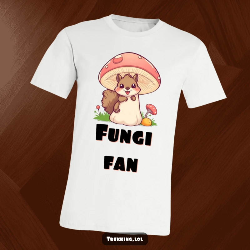 Funny squirrel mushroom t-shirt print of a fluffy squirrel peeking excitedly from behind a large, colorful mushroom, great for nature fans.
