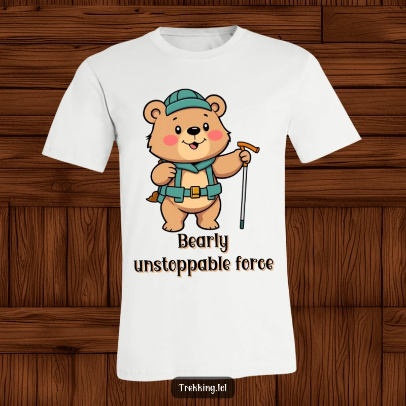 Funny determined bear enthusiastically using hiking poles on a t-shirt, adventurous and strong.
