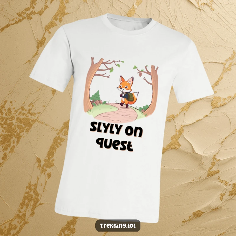 Funny fox backpacking t-shirt print of a determined fox with a backpack cheerfully navigating a winding path, great for hikers.