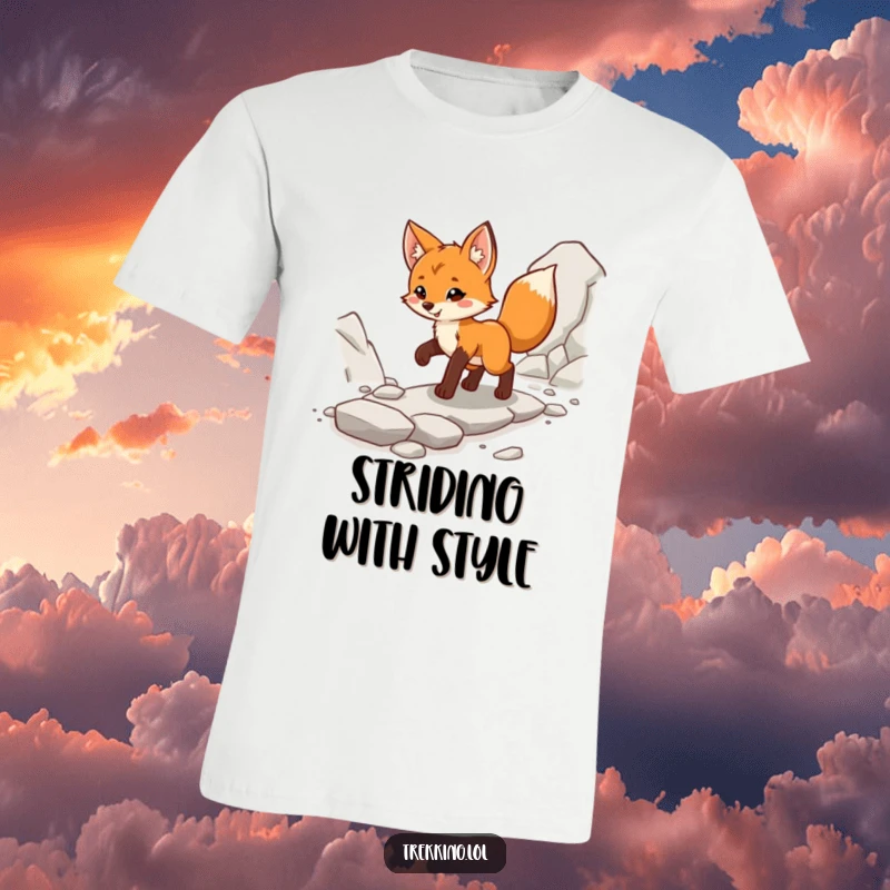 Funny fox cub t-shirt, confidently navigating a rocky path with a cheerful gait and a sense of purpose.