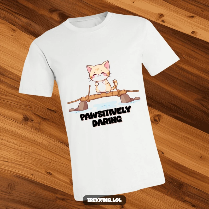 Funny t-shirt with a giggling cat character bravely balancing on a swaying rope bridge, expressing playful adventure.