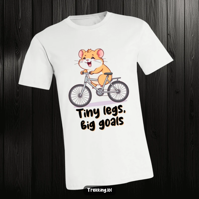 Funny T-Shirt showcasing a giggling hamster pedaling a tiny bicycle with great effort up an incline, perfect for fitness humor.