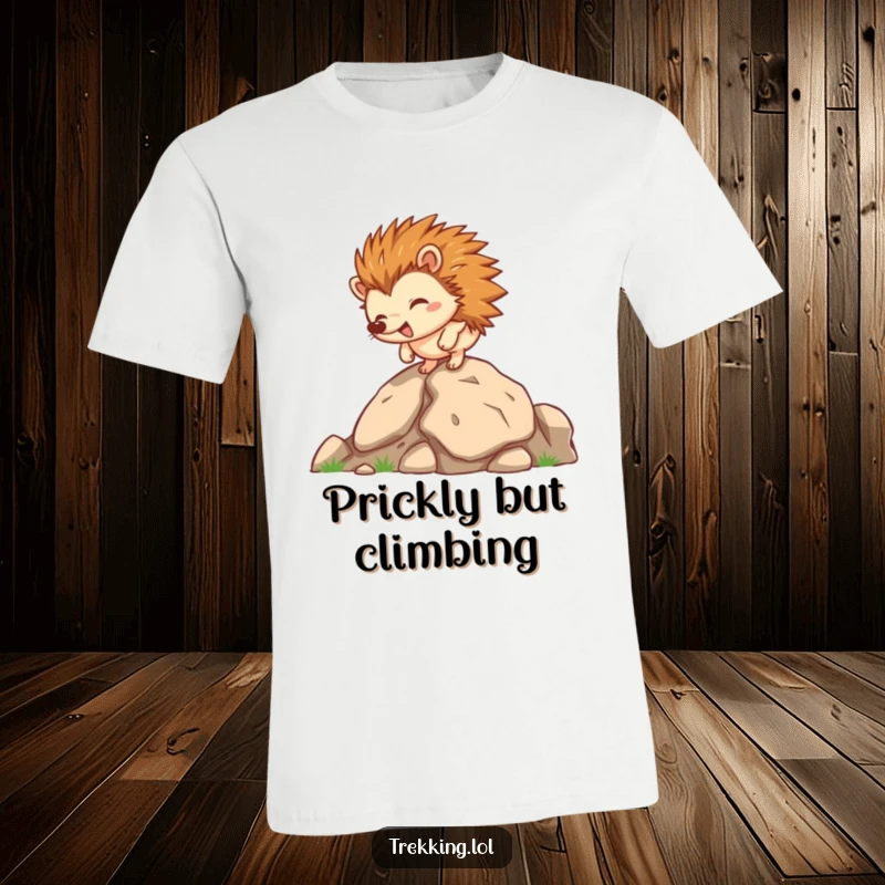 Funny hedgehog t-shirt, a happy hedgehog character climbing a rocky mountain path with enthusiasm.