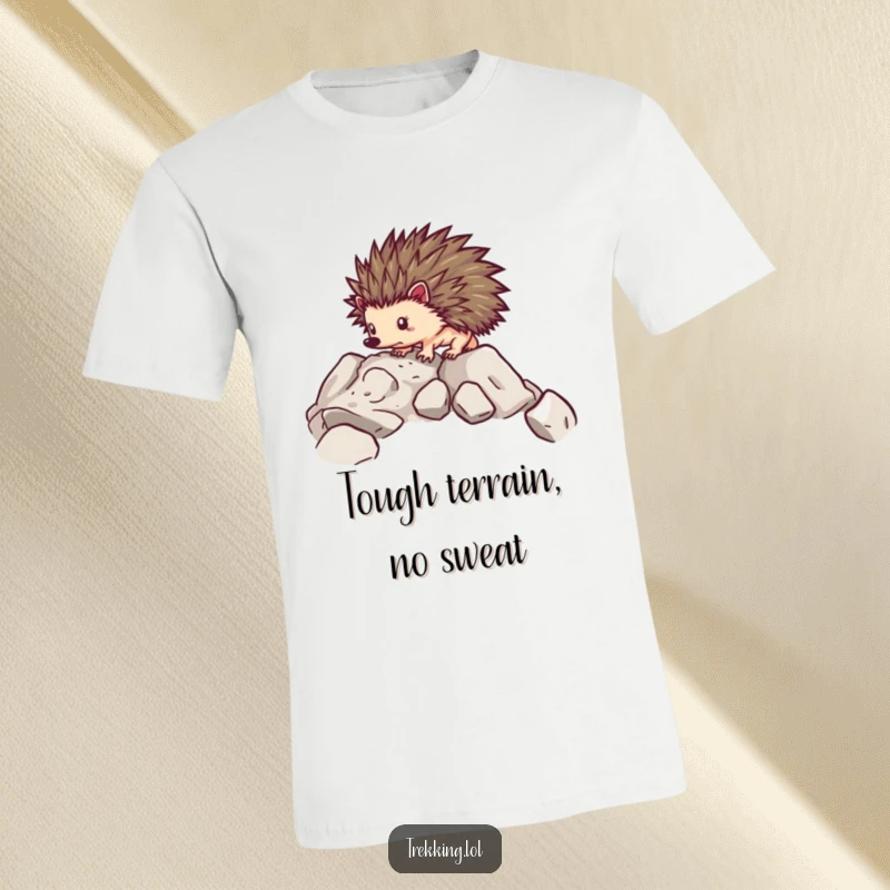 Funny t-shirt graphic of a determined hedgehog carefully making its way over rough, rocky terrain, showcasing resilience.