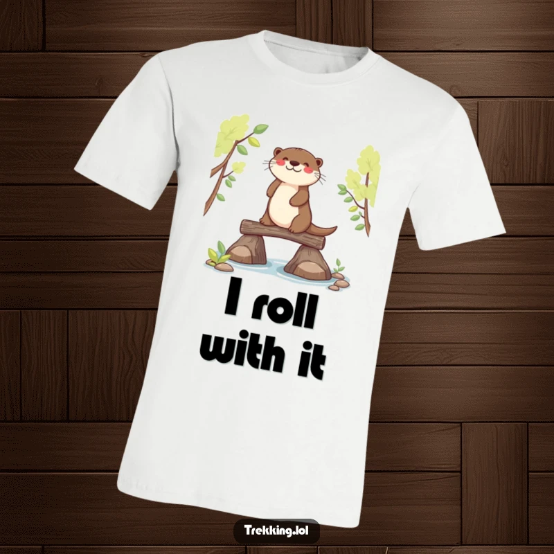 Funny, joyful otter mid-balance on a narrow log bridge, depicted on a t-shirt, celebrating nature and focus.