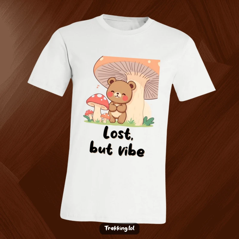 Funny bear with a happy grin, surrounded by giant mushrooms, depicted on a t-shirt, celebrating fantasy.