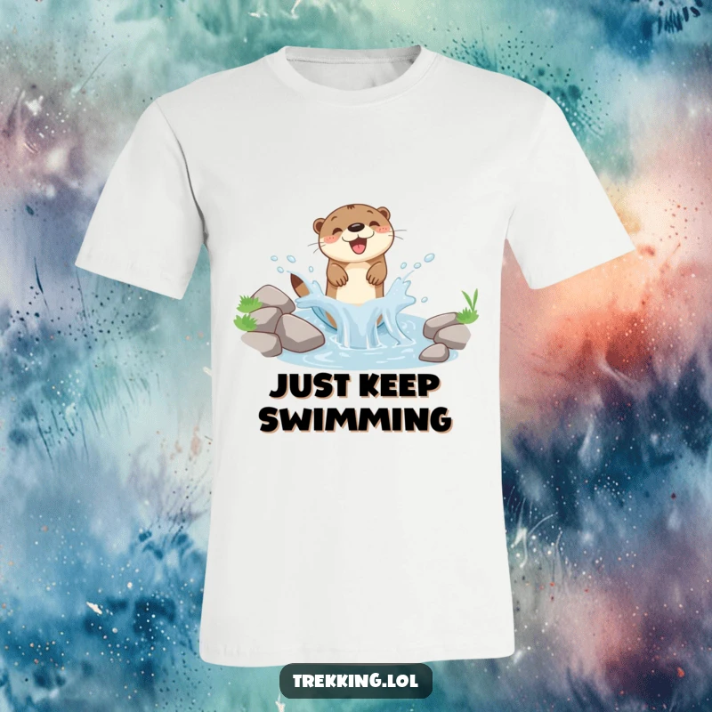 Funny t-shirt showcasing a hyperactive otter gleefully splashing water in a tiny, picturesque mountain stream.