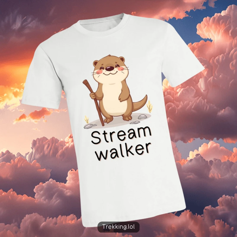 Funny otter walking stick t-shirt print of a smiling otter using a stick for aid on uneven ground, great for nature lovers.
