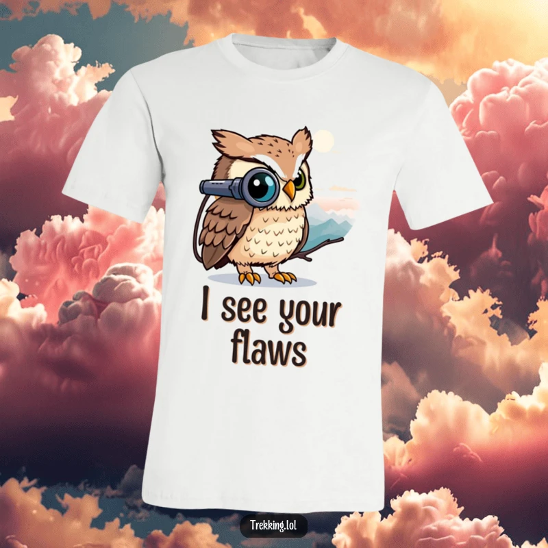 Funny owl using binoculars to spot a distant peak, printed on a humorous t-shirt.