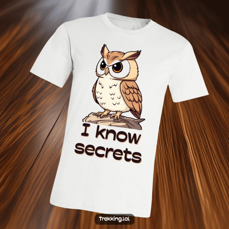 Funny proud owl surveying the land from above, wearing a thoughtful expression, on a comfortable t-shirt for humorous insight.