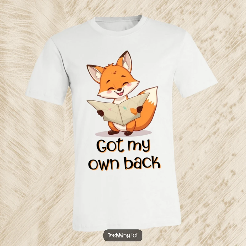 Funny cheerful fox consulting a large, unfolded map with a grin on a t-shirt, curious and fun.