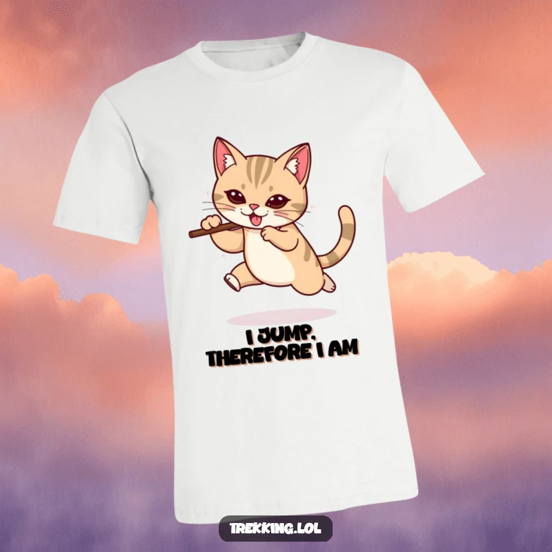 Funny t-shirt featuring a determined cat dynamically leaping forward with a walking stick, showcasing agility and a humorous sense of purpose.