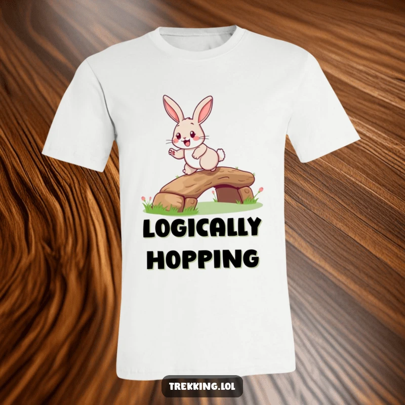 Funny rabbit log bridge t-shirt print of a happy rabbit with a grin, hopping over a small log, great for nature lovers.