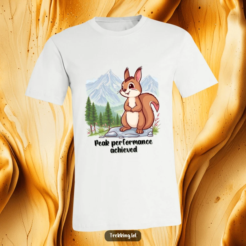 Funny t-shirt with a smiling squirrel taking a moment to admire a stunning mountain vista, embodying a sense of awe and humor.