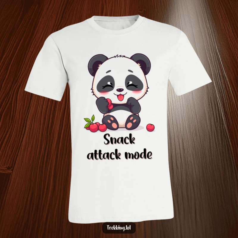 Funny panda t-shirt, a happy panda character giggling while eating a bunch of ripe berries.