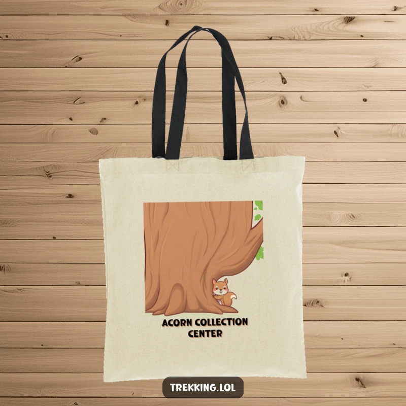 Funny tote bag with a shy squirrel peeking from behind a large tree, ideal for carrying groceries or daily items with a cute design.