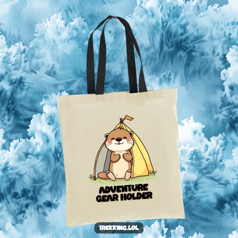 Funny tote bag with a playful otter enthusiastically pitching a tent, ideal for carrying camping gear and outdoor essentials.