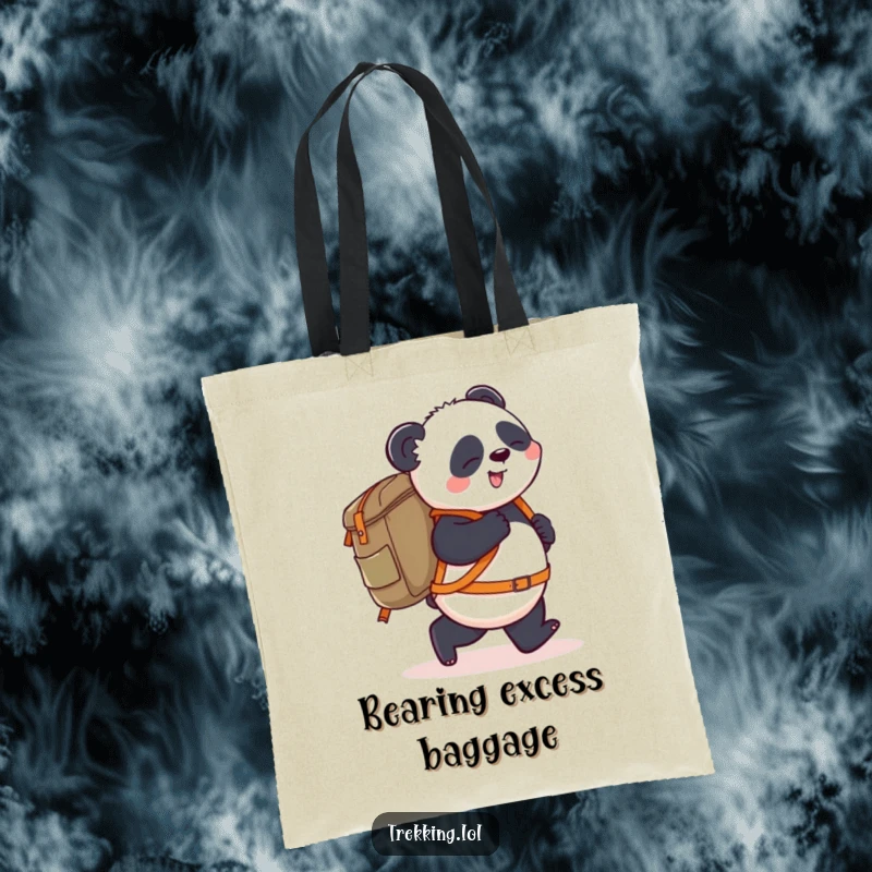 Funny Tote Bag: A playful panda stumbles forward carrying a giant backpack, perfect for carrying humor and essentials on any trip.