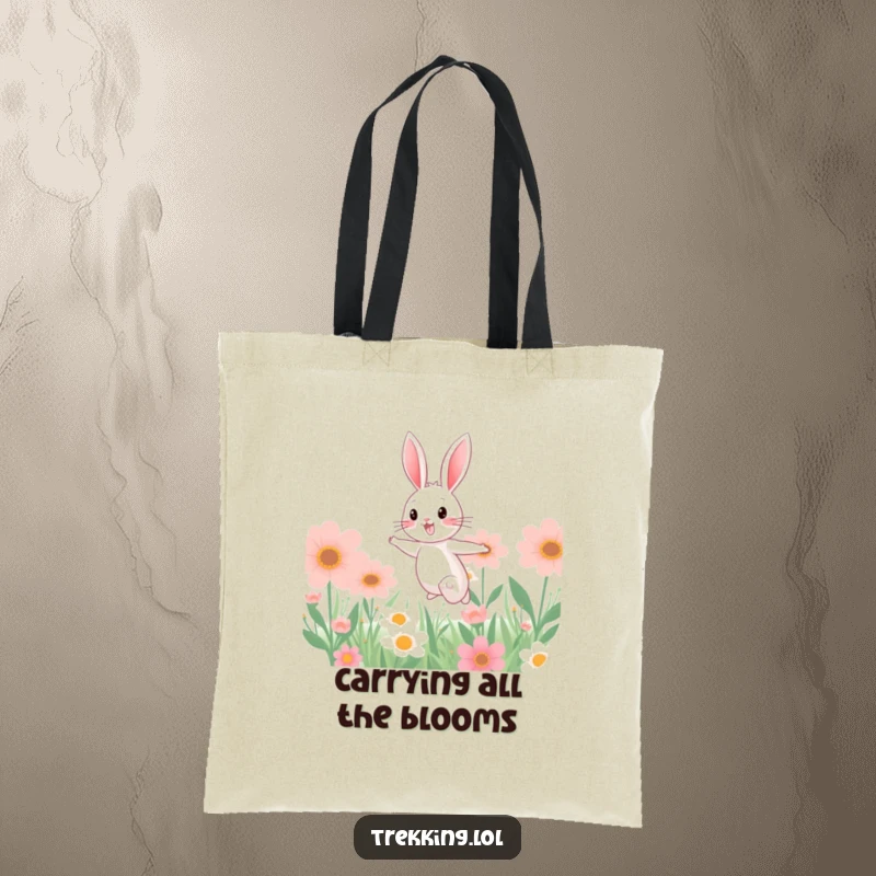 Funny tote bag featuring a cheerful bunny hopping through a dreamlike field of giant, oversized flowers, perfect for shopping or daily use.