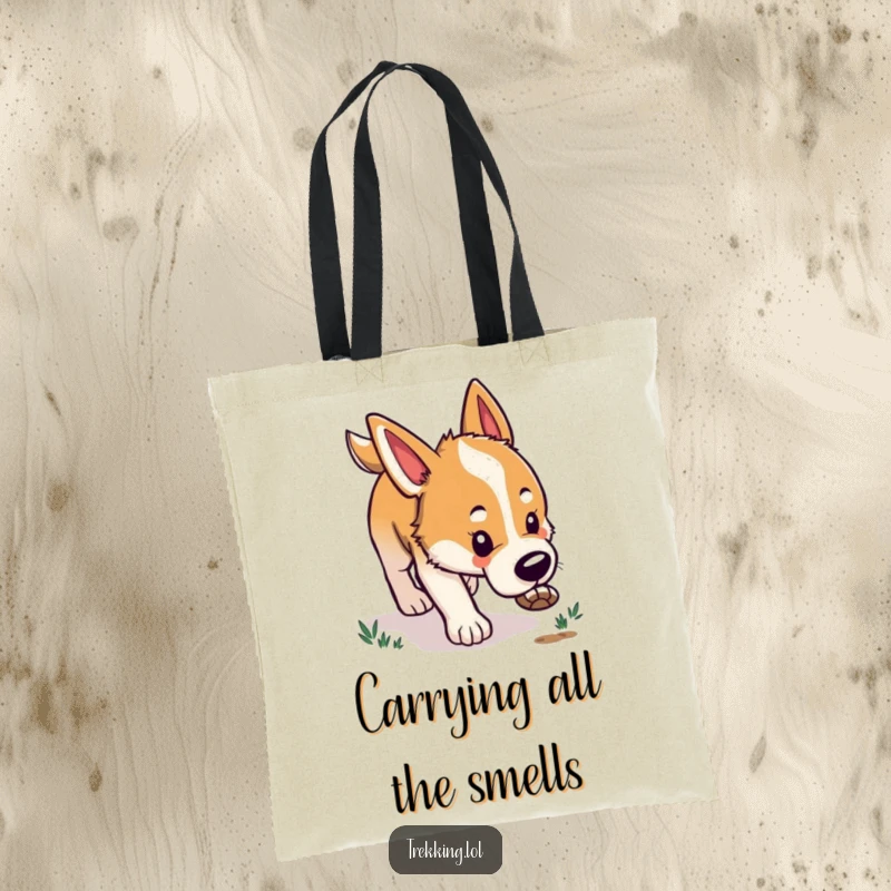 Funny tote bag illustrating a happy dog with its nose glued to the ground, eagerly pursuing an unseen scent with dedication.