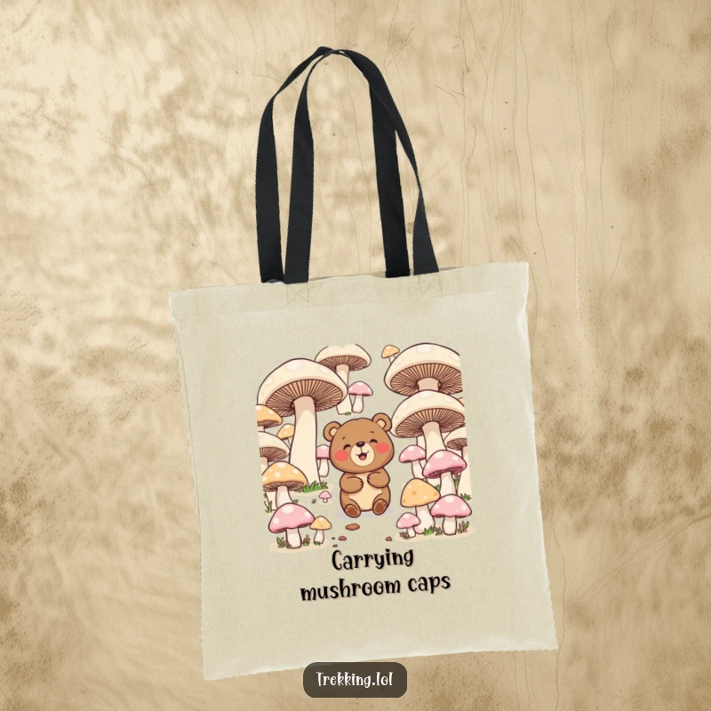 Funny tote bag with a giggling bear navigating a maze of giant mushrooms, ideal for carrying items with a whimsical touch.