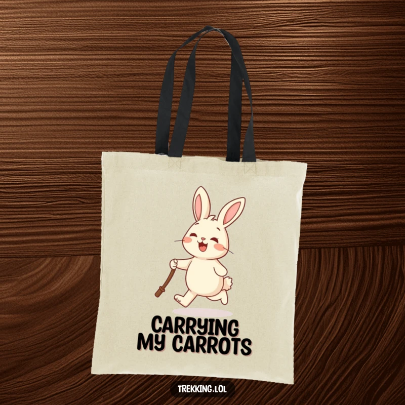 Funny tote bag with a cheerful rabbit joyfully skipping and holding a walking stick, ideal for carrying daily items.