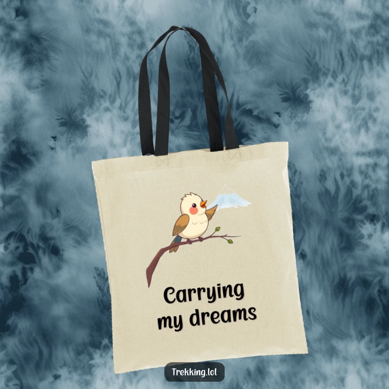 Funny Tote Bag featuring a delighted bird on a branch, pointing towards a distant mountain, perfect for carrying adventure essentials with humor.