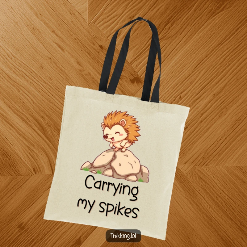 Funny hedgehog tote bag, a happy hedgehog character climbing a rocky incline, symbolizing perseverance.