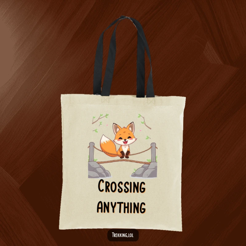 Funny tote bag with a happy fox gleefully crossing a wobbly rope bridge, perfect for carrying essentials with joy.