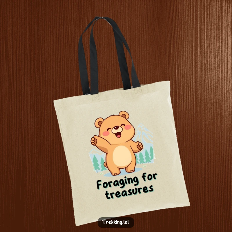 Funny tote bag with a smiling bear pointing excitedly at a distant mountain peak, celebrating ambition and outdoor fun.