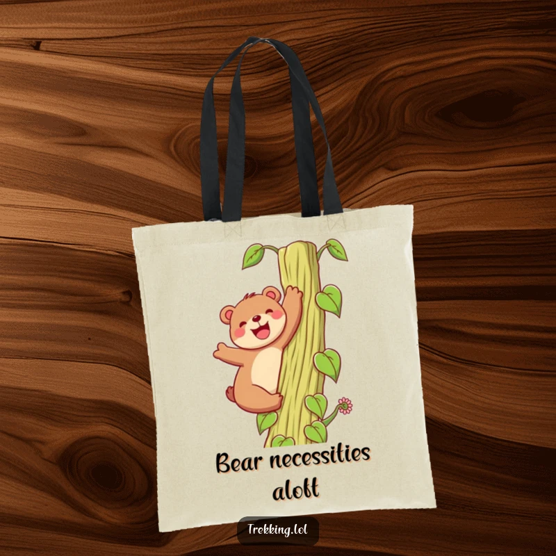 Funny Tote Bag: A happy bear climbs a towering beanstalk with a grin, perfect for carrying humor and essentials on any adventure.