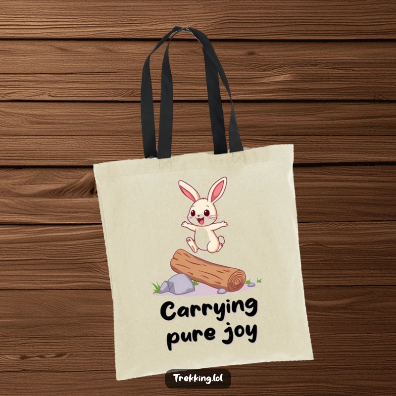 Funny Tote Bag: A cheerful bunny hops over a fallen log with joyful energy, perfect for carrying humor and essentials on any outing.