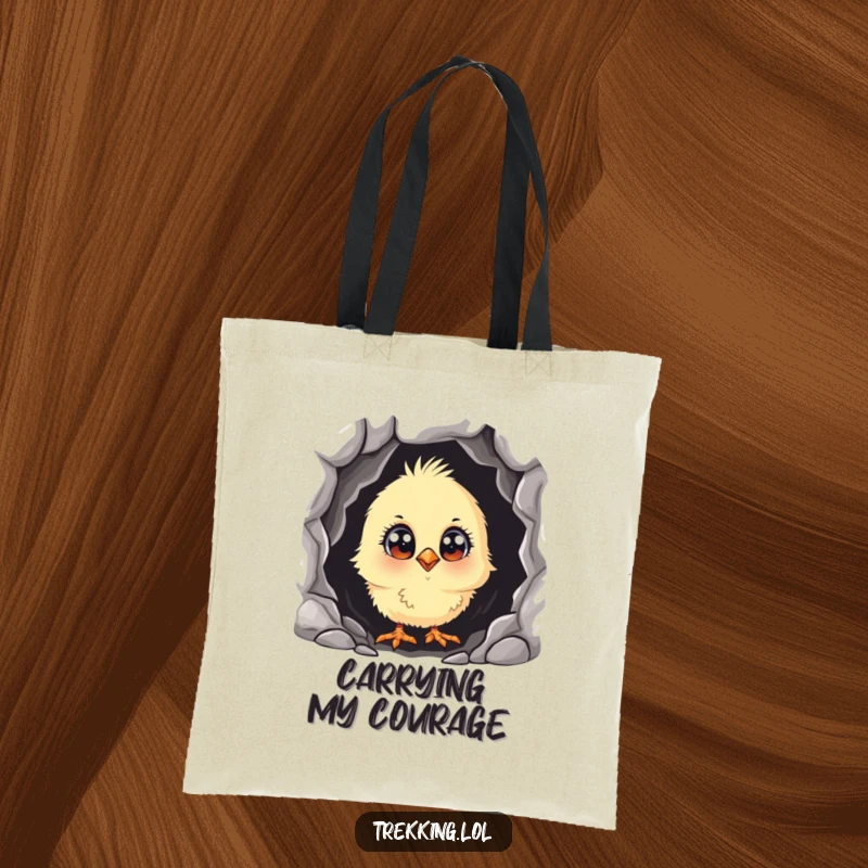 Funny curious chick with wide eyes, peeking into a dark cave, printed on a durable tote bag for humorous exploration.