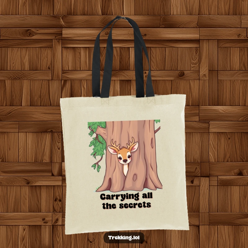 Funny tote bag with a delighted deer peeking curiously from behind a tree, great for shopping and daily use.