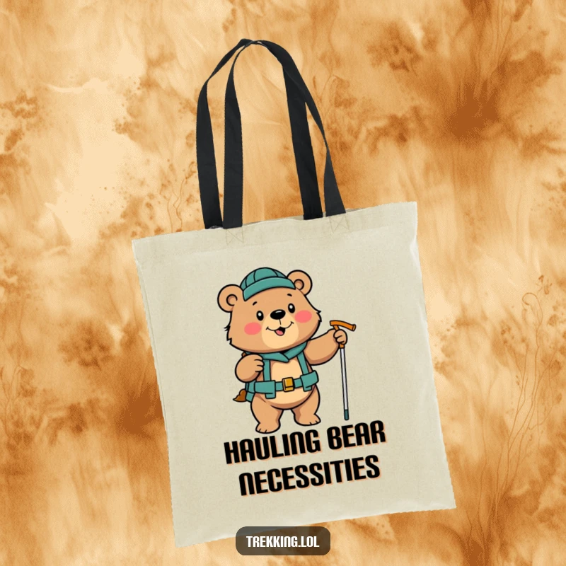 Funny determined bear enthusiastically using hiking poles on a tote bag, strong and practical.