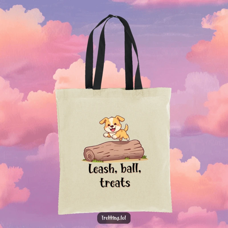 Funny tote bag with a playful dog grinning widely while bounding over a fallen log, perfect for carrying fun.