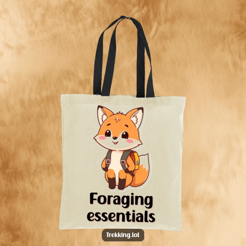 Funny tote bag with a happy fox smiling and wearing a tiny backpack, ideal for carrying daily essentials with a smile.