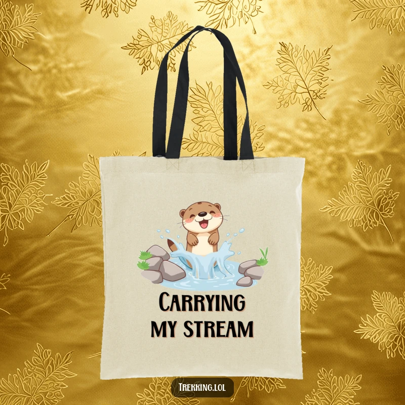 Funny tote bag with a cheerful otter joyfully splashing in a miniature mountain stream, ideal for carrying daily items.