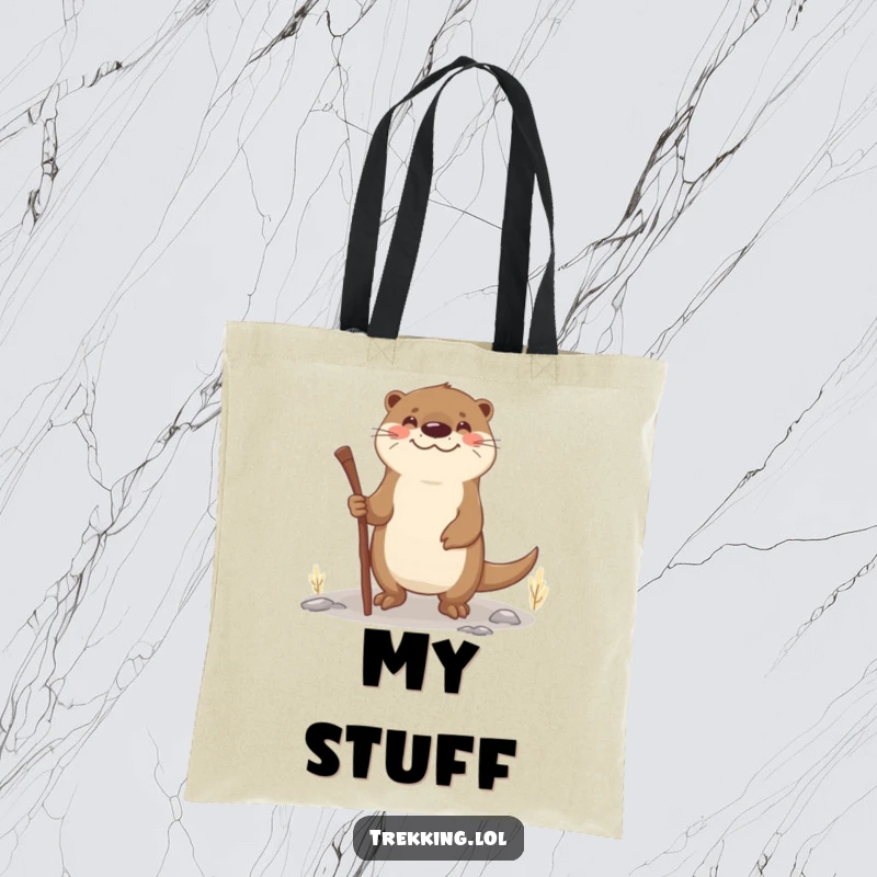 Funny otter walking stick tote bag with a smiling otter using a stick as a walking aid on uneven terrain, great for daily use.