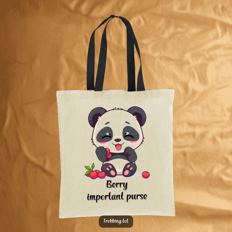 Funny panda tote bag, a happy panda character giggling while enjoying a snack of berries.