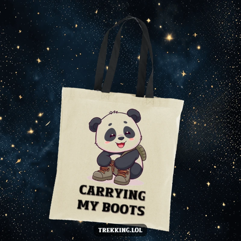 Funny panda tote bag depicting a cheerful panda focused on tying its hiking boot laces, ready for a nature walk.