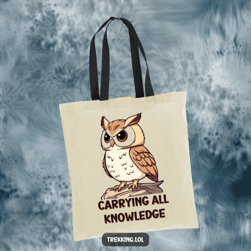 Funny proud owl perched high, surveying the landscape, printed on a durable tote bag for humorous and knowledgeable carrying.