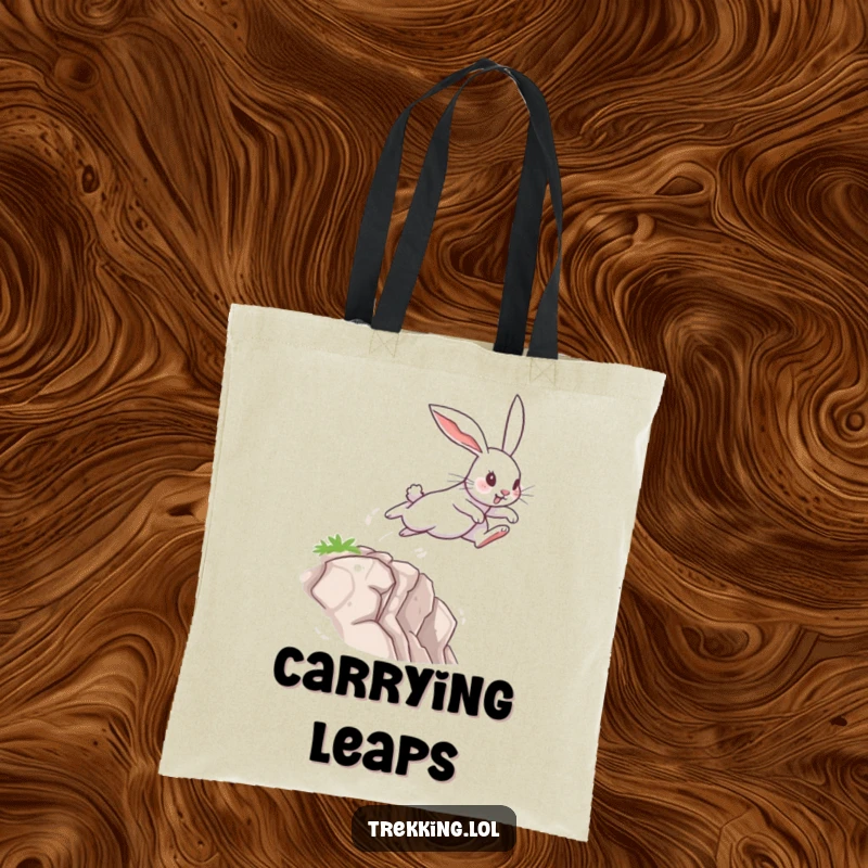 Funny Tote Bag showcasing a determined rabbit leaping across a small chasm, ideal for carrying items with a touch of brave humor.