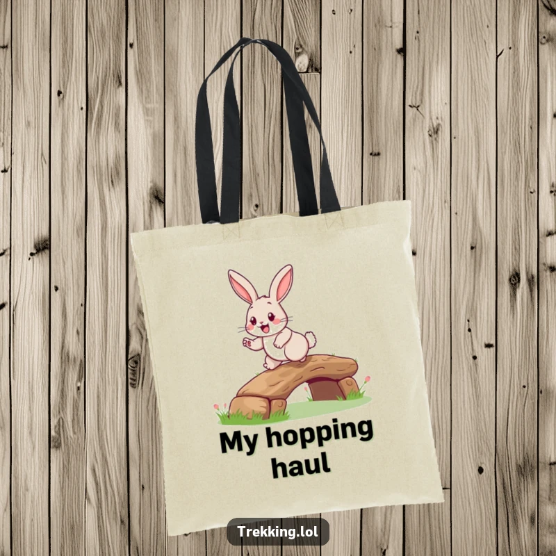 Funny rabbit log bridge tote bag with a happy rabbit and a grin, hopping over a small log, great for daily use.