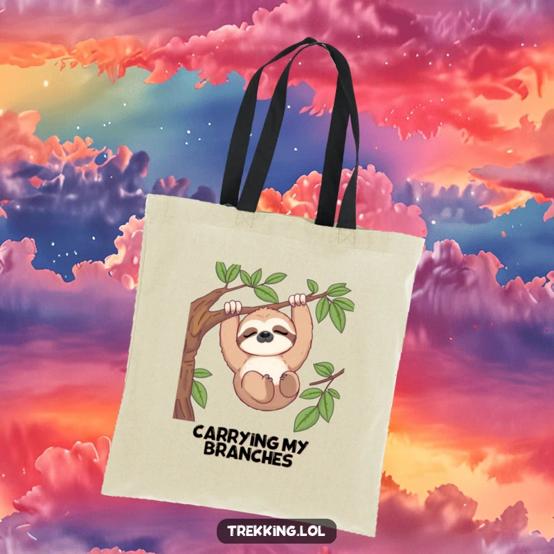 Funny tote bag featuring a sleepy sloth hanging from a branch, admiring a peaceful view, great for daily use.