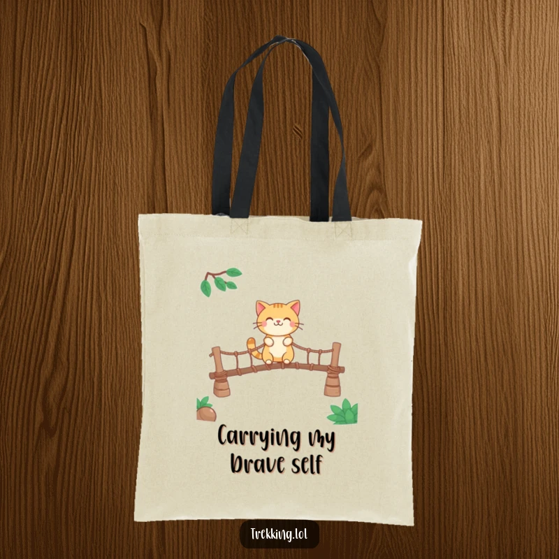 Funny tote bag featuring a smiling cat character crossing a rickety rope bridge, perfect for carrying items.