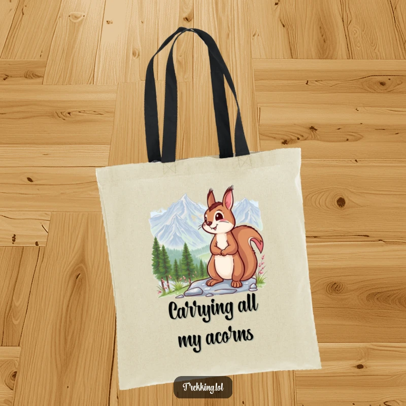 Funny tote bag featuring a smiling squirrel captivated by a breathtaking mountain vista, perfect for eco-conscious shoppers who love humor.