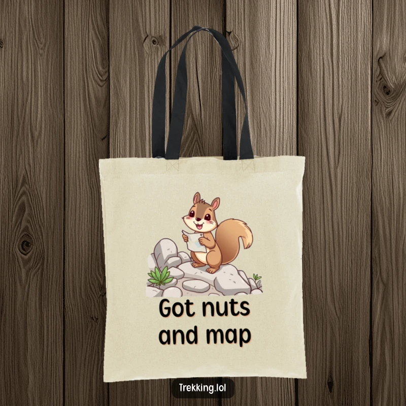 Funny squirrel tote bag with a cheerful squirrel holding a map, happily navigating a rocky path, ideal for errands.
