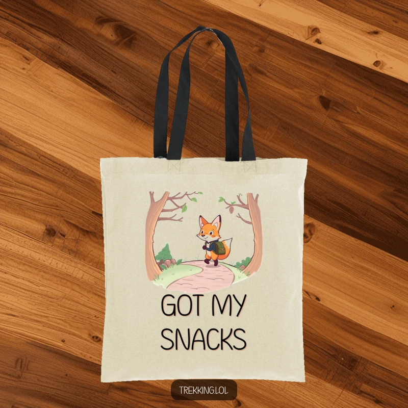 Funny fox backpacking tote bag with a determined fox and backpack cheerfully walking a winding path, great for eco-conscious travelers.